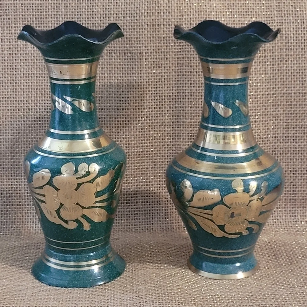 Green Enamel Brass Vase Set Of 2 Etched Floral Design Made In India